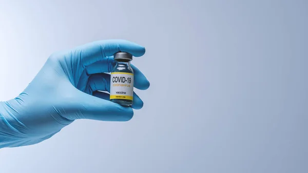 Doctor Blue Latex Gloves Holding Glass Vial Medicine Vaccination Immunization —  Fotos de Stock