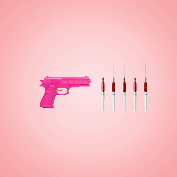 Creative Backdrop Made Pink Handgun Syringes Minimal Pandemic Concept — Stockfoto