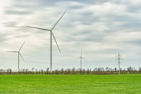 Wind turbines generating electricity in a green field. Green power generation concept.