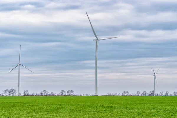 Wind turbines generating electricity in a green field. Green power generation concept.