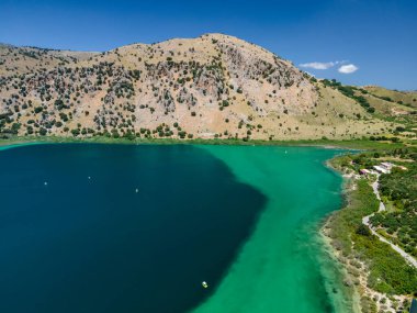 Aerial top view by drone of Kournas lake on Crete island. Greece.