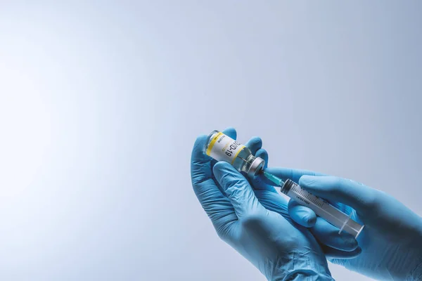 Hands Blue Latex Gloves Fill Syringe Vaccine Glass Vial Vaccination —  Fotos de Stock