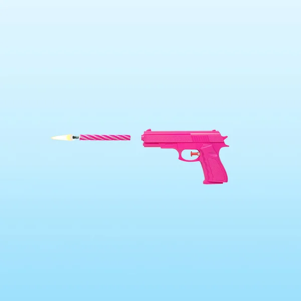 Pink Gun Birthday Candle Blue Pastel Background Minimal Party Concept — Stockfoto