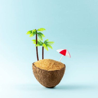 Hindistan cevizi ve güneş şemsiyesinden yapılmış tropik plaj konsepti. Yaratıcı asgari yaz arkaplanı.