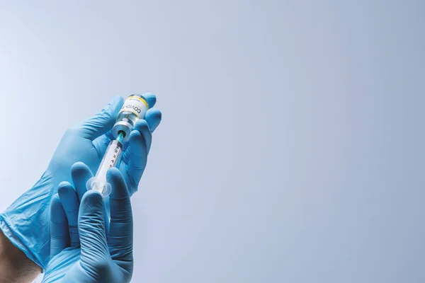 Hands Blue Latex Gloves Vaccine Glass Vial Healthcare Medical Concept —  Fotos de Stock