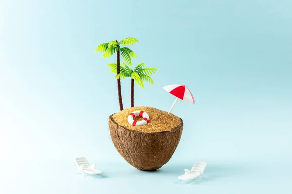 Creative Background Coconut Fruit Palm Tree Pastel Blue Background Summer — Stock fotografie