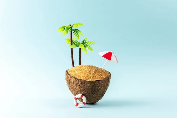 Kreatywne Tło Owocami Kokosowymi Palmą Pastelowym Niebieskim Tle Koncepcja Wakacji — Zdjęcie stockowe