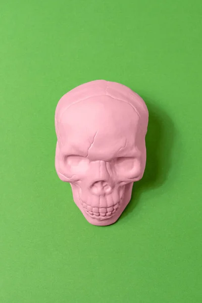 Top View Pink Skull Green Background Minimal Halloween Concept — Φωτογραφία Αρχείου