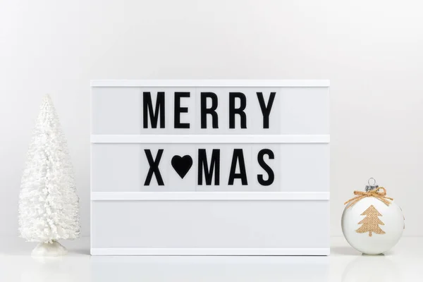 Christmas Decor Lightbox Text Merry Xmas White Table Minimal Christmas — Stock Fotó