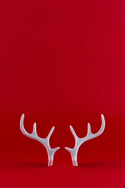 Creative Holiday Concept White Reindeer Antlers Red Background Christmas New — Stock Photo, Image