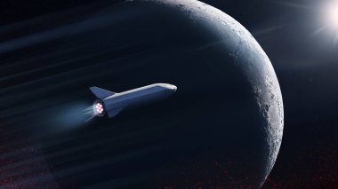Star ship is flying in outer space on big Moon background. Elements of this image furnished by NASA.