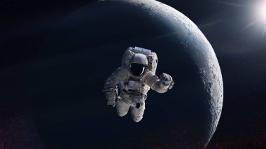 Astronaut is flying in outer space on big Moon background. Elements of this image furnished by NASA. 