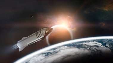Heavy Starship in Earth orbit with alien planets. Elements of this image furnished by NASA.
