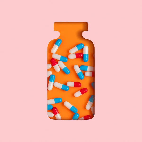 Ritagli Sagoma Bottiglia Con Pillole Colorate Sfondo Arancione Concetto Farmacia — Foto Stock