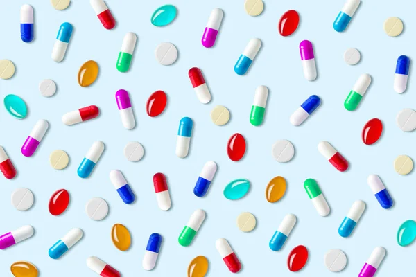 Creative Layout Colorful Pills Capsules Pastel Blue Background Minimal Pharmacy — Φωτογραφία Αρχείου