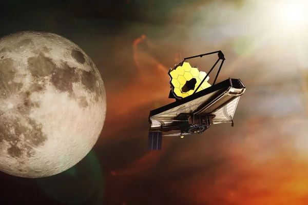 James Webb teleskopu uzayda Ay 'la birlikte. JWST fırlatma sanatı. Bu görüntünün elementleri NASA tarafından desteklenmektedir. 