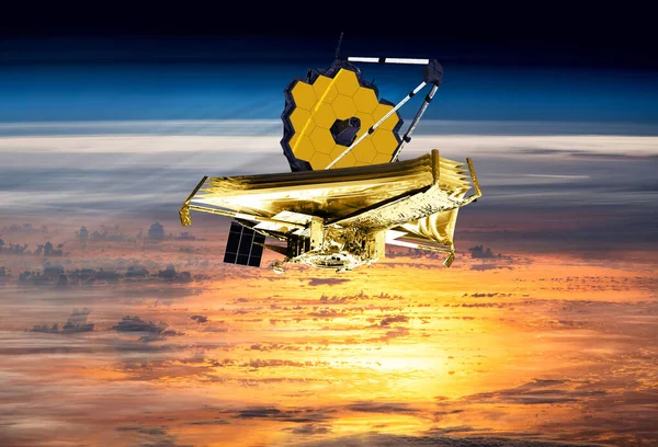 James Webb teleskopu güneş ışığıyla alçak yörüngede. JWST fırlatma sanatı. Bu görüntünün elementleri NASA tarafından desteklenmektedir.