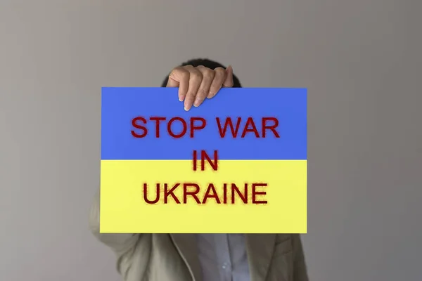 Woman Holds Ukraine Flag Sign Stop War Ukraine Front Her — Stock Fotó
