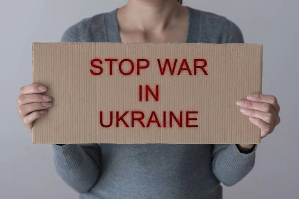 Woman Holds Paper Placard Sign Stop War Ukraine — Stock Fotó