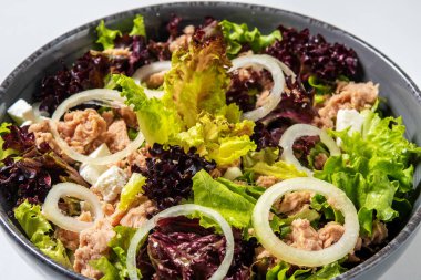 Marul, peynir, soğan ve salatalıklı ton balığı salatası..