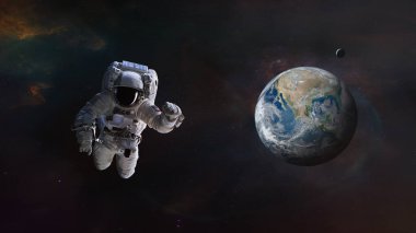 Dünya gezegeniyle uzayın derinliklerinde bir astronot. Bu görüntünün elementleri NASA tarafından desteklenmektedir. 