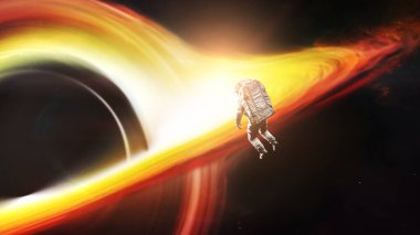 Astronot kara deliğe ve olay ufkuna bakar. Gerçekçi bilim kurgu sanatı. Bu görüntünün elementleri NASA tarafından desteklenmektedir.