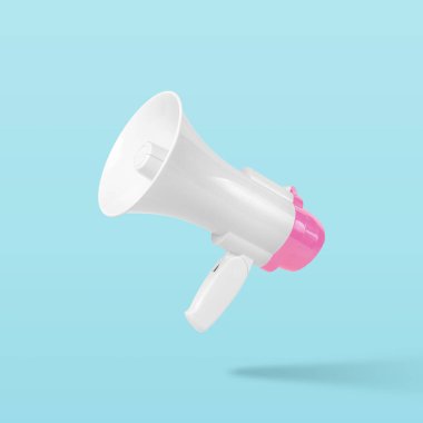 White-pink megaphone on pastel blue background. Minimal advertising concept.