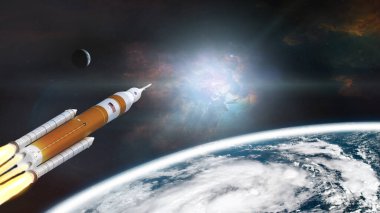 Orion uzay aracı Dünya gezegeninden kalkış yapıyor. Artemis uzay programı. Bu görüntünün elementleri NASA tarafından desteklenmektedir.