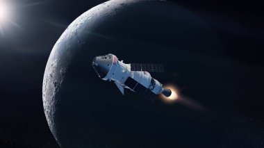 Bilim kurgu duvar kağıdı. Orion uzay aracı Ay 'ın yörüngesinde uzayda uçuyor. Ay 'a yolculuk. Bu görüntünün elementleri NASA tarafından desteklenmektedir.