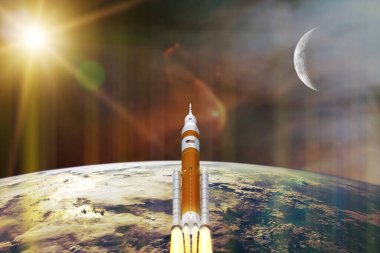 Güneş sistemini araştırmak için Artemis uzay programı. Orion uzay aracı Dünya 'nın alçak yörüngesinde. Bu görüntünün elementleri NASA tarafından desteklenmektedir.