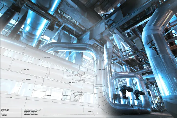 Desenho de projeto de tubulação misturado com foto de equipamento industrial Imagens De Bancos De Imagens
