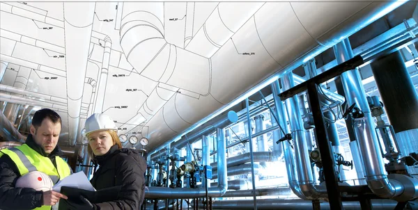 Group of egineers in front of piping design mixed with industri — Stock Photo, Image