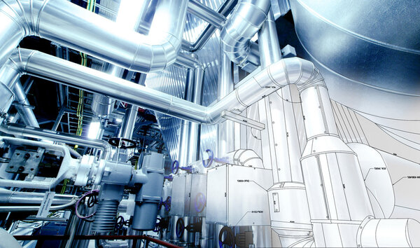 Рисунок конструкции трубопроводов в сочетании с фотографией промышленного оборудования
