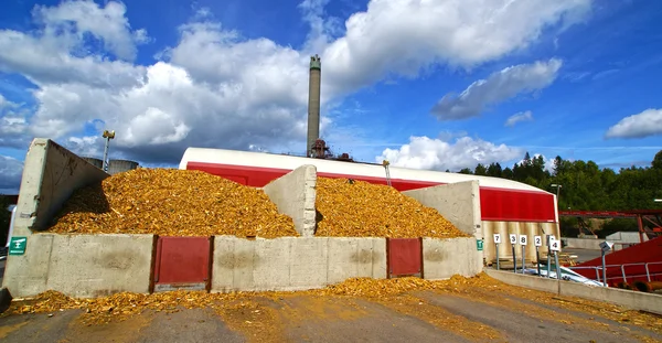 Planta de energía biológica con almacenamiento de combustible de madera contra el cielo azul —  Fotos de Stock