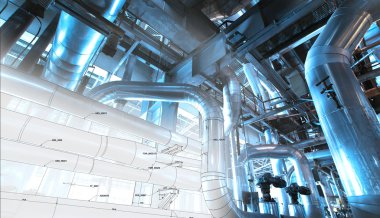 Boru hattların başka şekilli tasarım kroki endüstriyel ekipman fotoğraf ile karışık