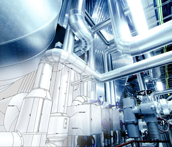 Рисунок конструкции трубопроводов в сочетании с фотографией промышленного оборудования
