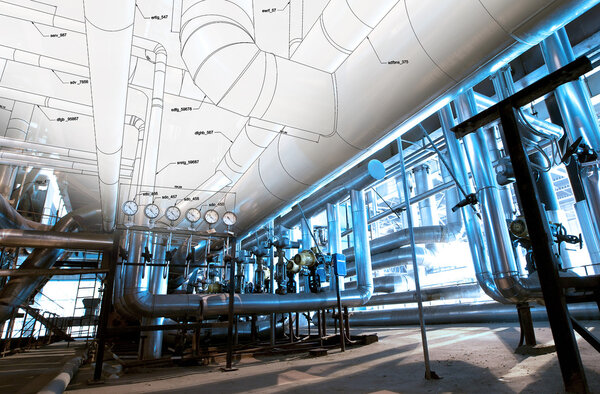 Sketch of piping design mixed with industrial equipment photos