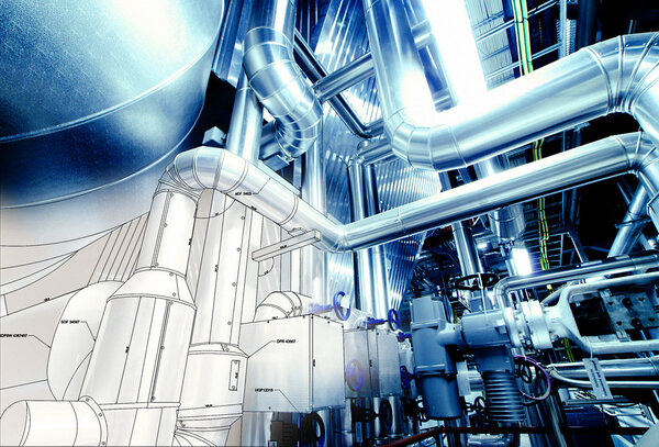 Рисунок конструкции трубопроводов в сочетании с фотографией промышленного оборудования
