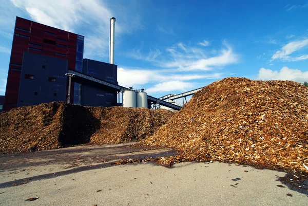 Mavi gökyüzüne karşı ahşap yakıt deposu olan biyo-elektrik santrali