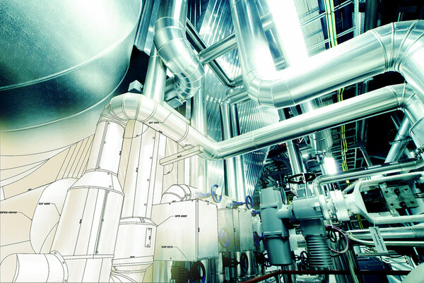 Рисунок конструкции трубопроводов в сочетании с фотографией промышленного оборудования
