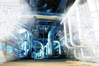 Boru hattların başka şekilli tasarım kroki endüstriyel ekipman fotoğraf ile karışık