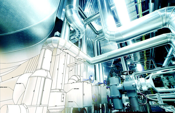 Рисунок конструкции трубопроводов в сочетании с фотографией промышленного оборудования
