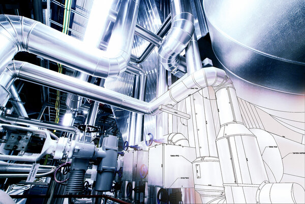 Рисунок конструкции трубопроводов в сочетании с фотографией промышленного оборудования
