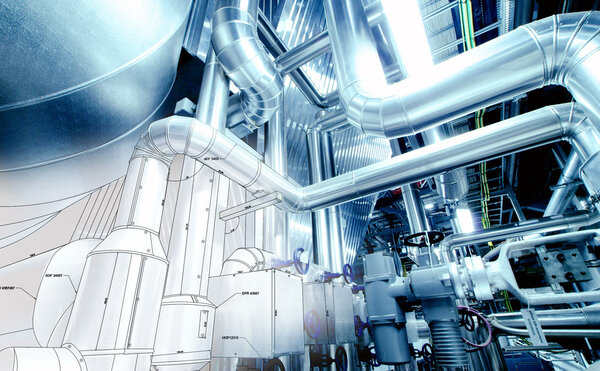 Рисунок конструкции трубопроводов в сочетании с фотографией промышленного оборудования
