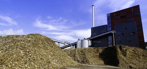 Biokraftwerk Mit Lagerung Von Holzbrennstoff Biomasse Gegen Blauen Himmel — Stockfoto