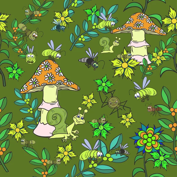 Seamless pattern. Plants, insects, and fungi. — Stock Vector
