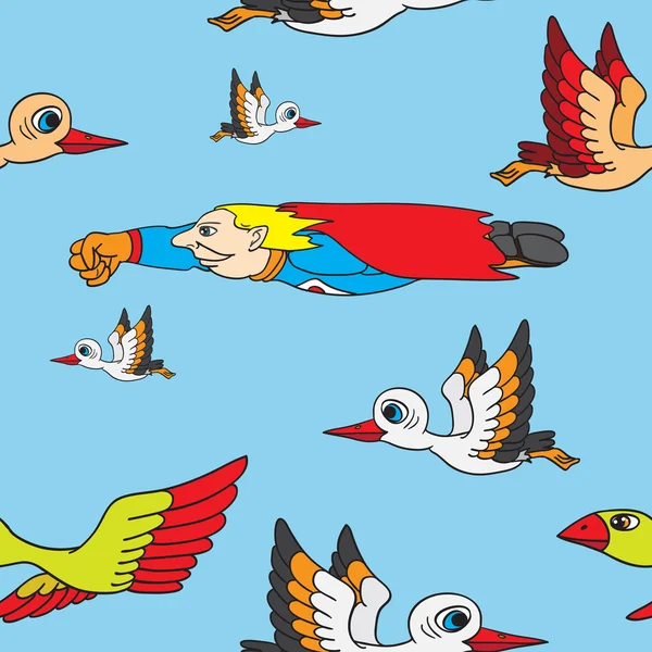 Seamless background. Birds and superman flying in the sky. Stock Illustration