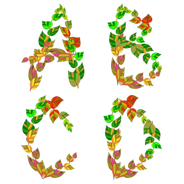 English alphabet made ​​up of branches and leaves. — Stock Vector