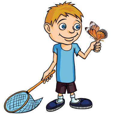 küçük çocuk bir kelebek ele alıyor..