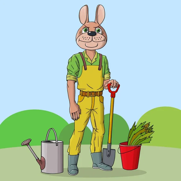 Kaninen jobbar i trädgården. Odlar morötter och olika grönsaker. Vektorillustration. — Stock vektor